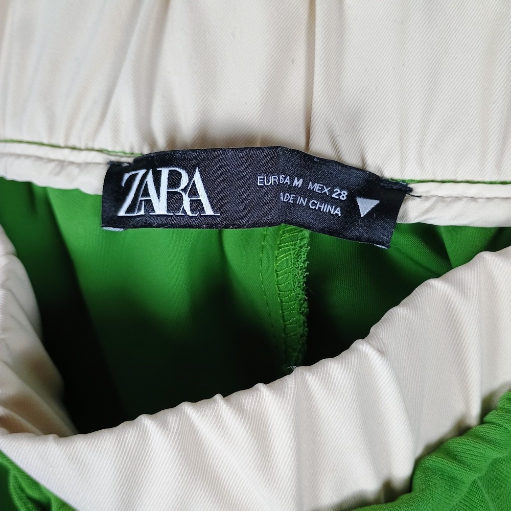 Zara Wide Leg Pants Elastic Waist Drawstring Size Medium Green Women's - Picture 10 of 12